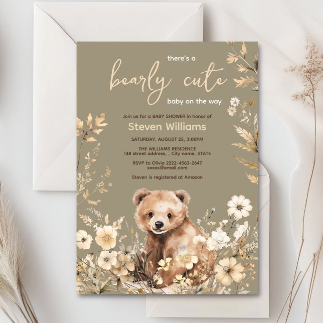 Invitación Baby Shower neutro en género para el oso de Woodla (Cute watercolor forest bear with rustic beige flowers baby shower invitation)