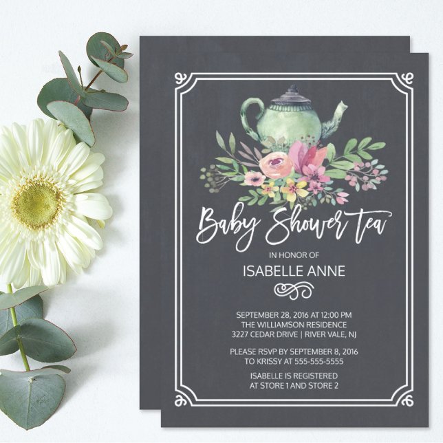 Invitación Baby Shower neutro Fiesta de té con floral de Chal (Subido por el creador)