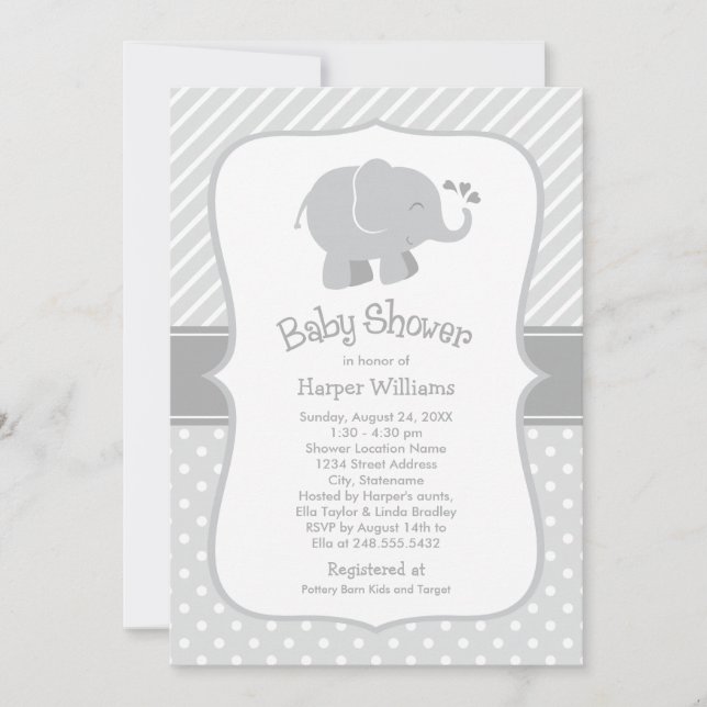 Invitación Baby Shower neutro moderno de elefante gris (Anverso)