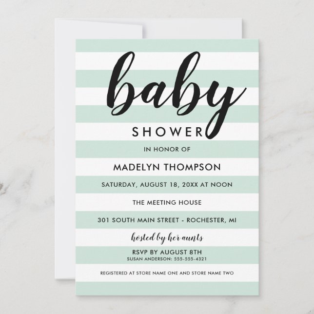 Invitación Baby Shower neutro moderno de franjas verdes de la (Anverso)