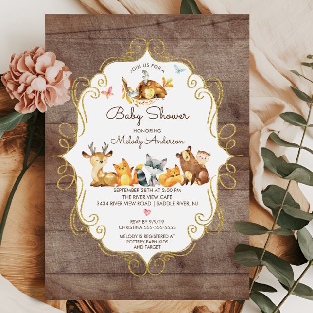 Invitación Baby Shower neutro para animales de bosque rústico (Subido por el creador)