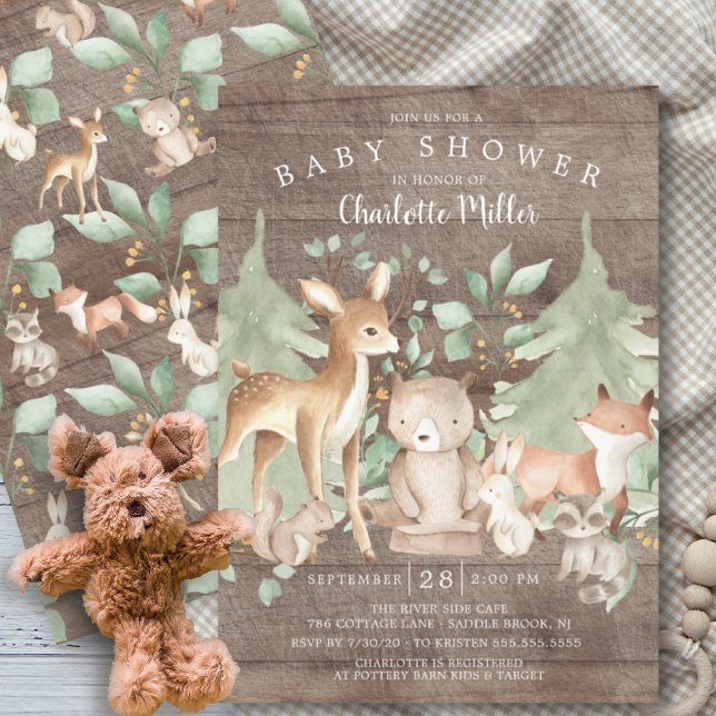 Invitación Baby Shower neutro para animales de bosque rústico (Subido por el creador)