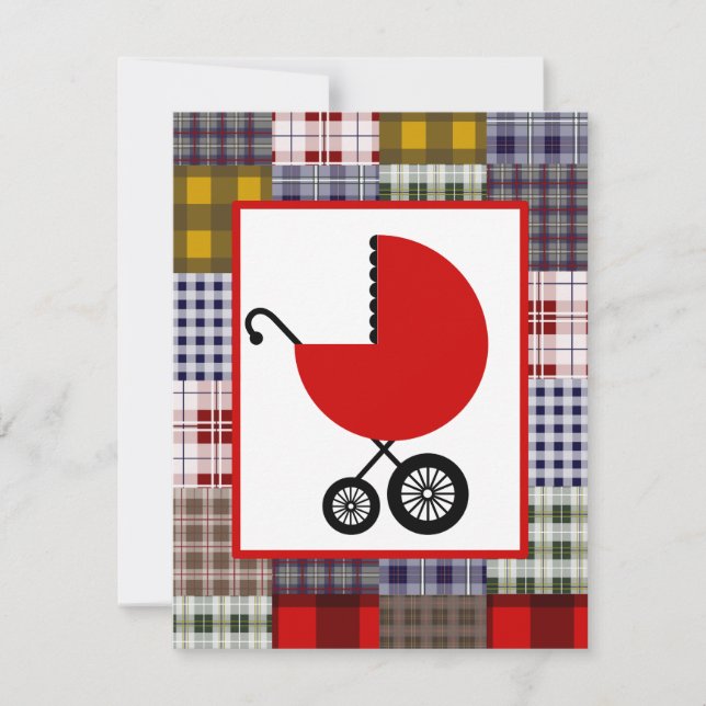 Invitación Baby Shower neutro - Red Carriage y Plaid (Anverso)