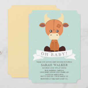 Invitación Baby Shower neutro verde y amarillo de vaca rellen