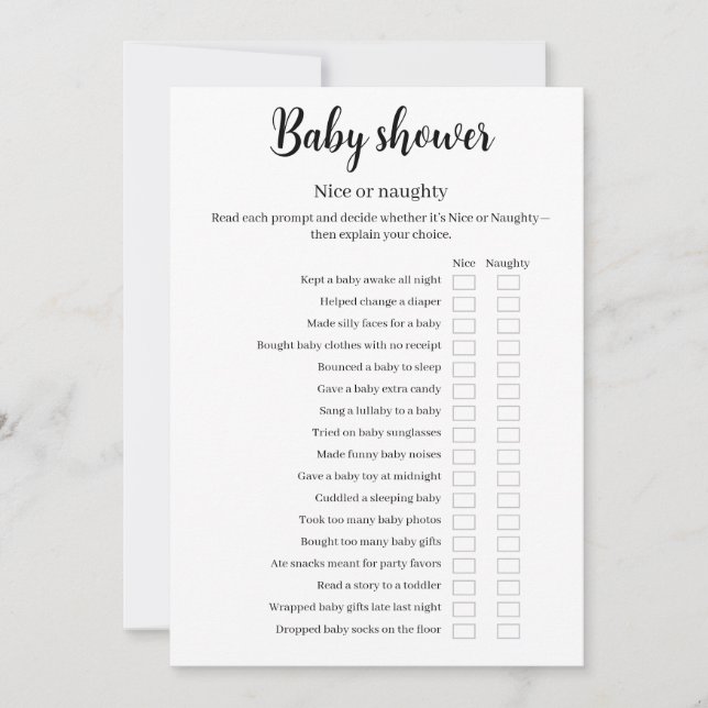 Invitación Baby Shower Nice or Naughty Game, Funny Game, (Anverso)
