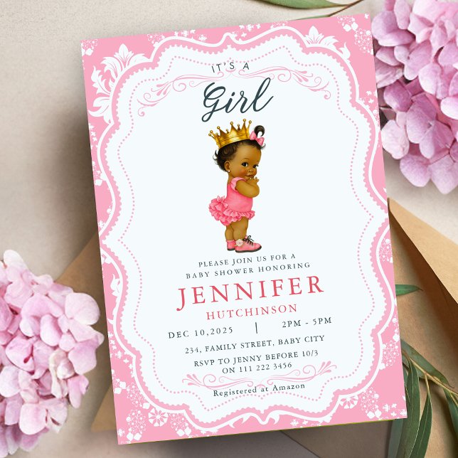 Invitación Baby Shower: Niña bebé afroamericana (African American Baby Girl Princess Baby Shower Invitation)