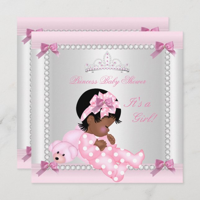 Invitación Baby Shower Niña Oso Rosa Afroamericana (Anverso / Reverso)