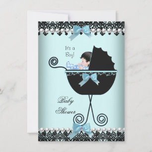Invitación Baby Shower Niño Azul Turquesa Negro Encaje 2