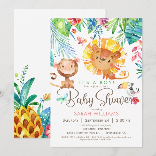 Invitación Baby Shower, niño o Chica de la selva tropical (Anverso / Reverso)