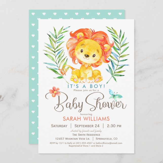 Invitación Baby Shower, niño o Chica de león en la selva (Anverso / Reverso)