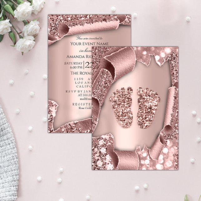 Invitación Baby Shower Nuevo Chica de pies de niño Glam Rosa  (Baby Shower New Girl Boy Feet Glam Rose Blush3D Invitation)