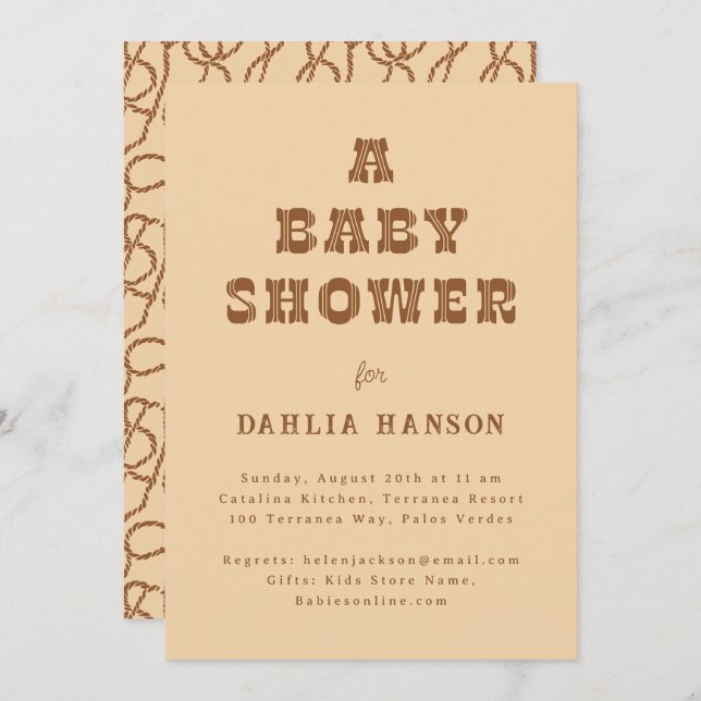 Invitación Baby Shower occidental beige marrón mínimo (Anverso / Reverso)