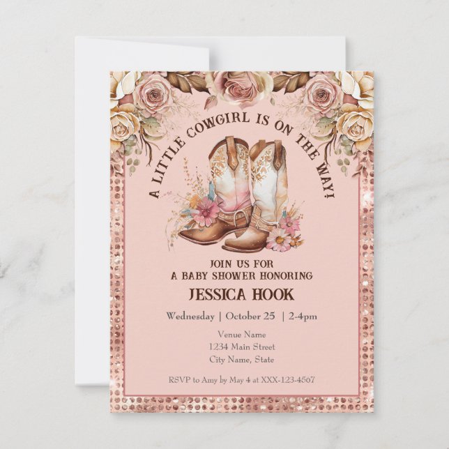 Invitación Baby Shower Occidental Boho Pink Floral Cowgirl (Anverso)