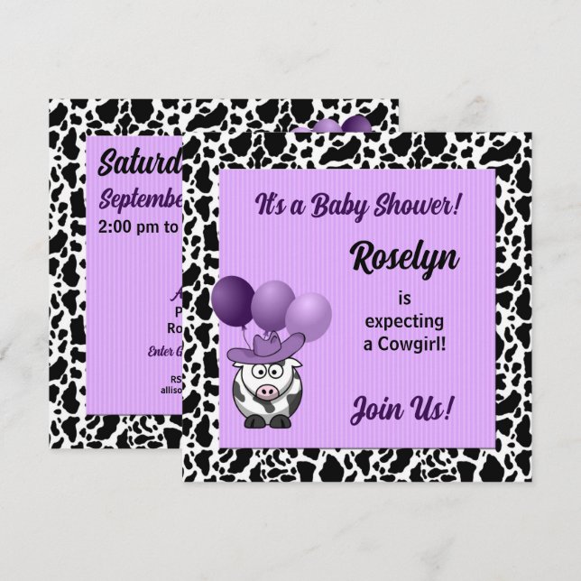 Invitación Baby Shower Occidental Purple Cowgirl (Anverso / Reverso)
