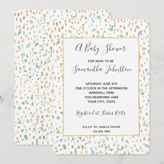 Invitación Baby Shower Ocean Blue Gold Confetti Dots (Anverso / Reverso)
