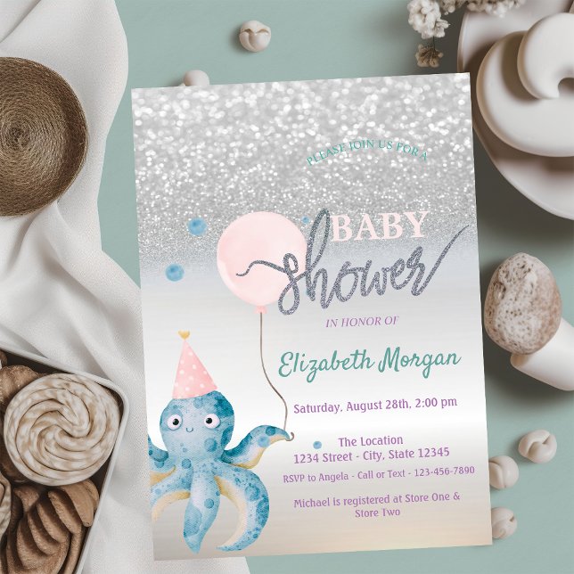 Invitación Baby Shower Octopus Balloon Silver Bokeh (Subido por el creador)