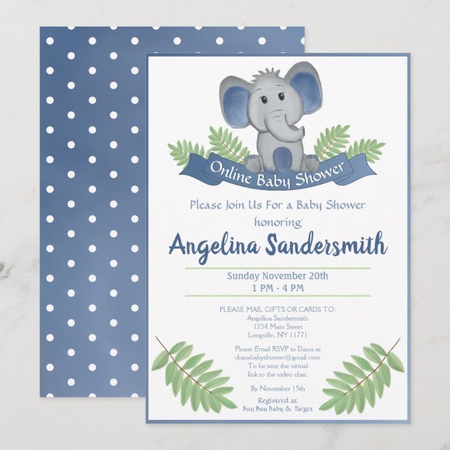 Invitación Baby Shower Online Por Mail Blue Boy Elephant (Anverso / Reverso)