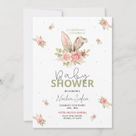 Invitación Baby Shower Orejas de Conejo Rosa y Flores