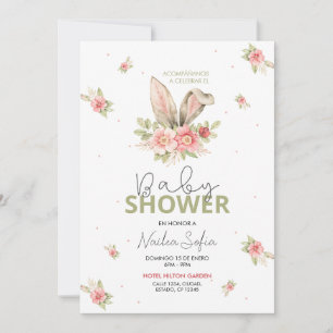 Invitación Baby Shower Orejas de Conejo Rosa y Flores