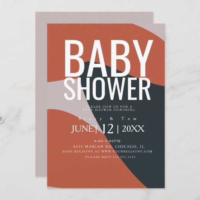 Invitación Baby Shower Organic Terracotta Blue Typography (Anverso / Reverso)