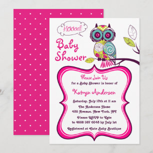 Invitación Baby Shower Ornate Floral Owl Hot Pink