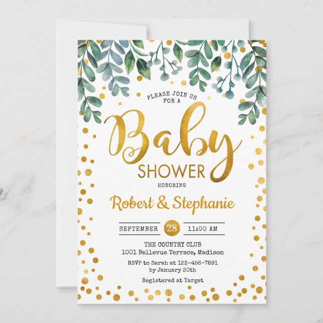 Invitación Baby Shower - Oro botánico verde (Anverso)