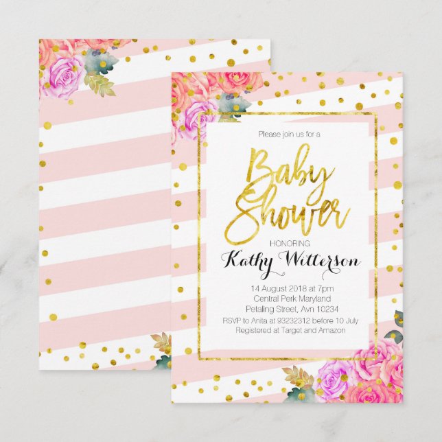 Invitación Baby Shower Oro rosa (Anverso / Reverso)