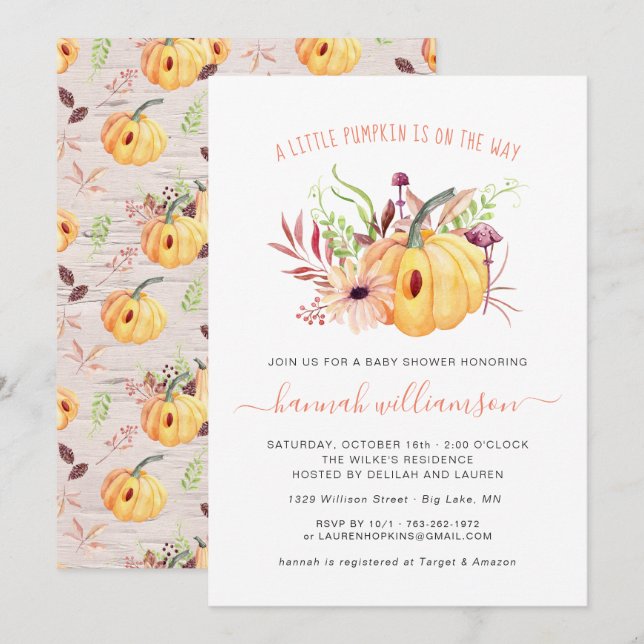Invitación Baby Shower otoñal de calabaza neutra de género (Anverso / Reverso)