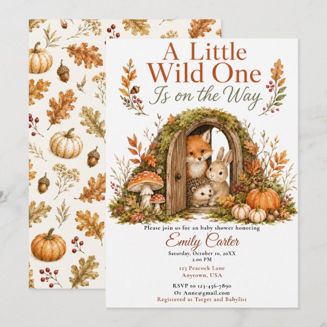 Invitación Baby Shower Otoño Bosque (Anverso / Reverso)