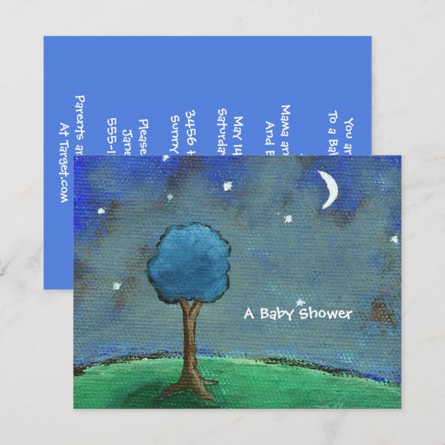 Invitación Baby Shower, Painting Painting Moon Stars Tree (Anverso / Reverso)
