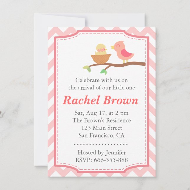 Invitación Baby Shower - pájaro rosado lindo con recién (Anverso)