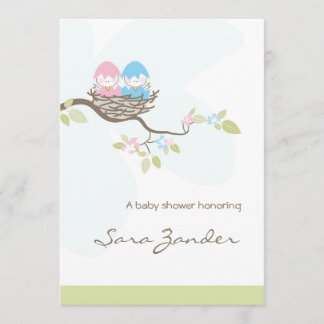 Invitación Baby Shower - Pájaros gemelos rosas y a