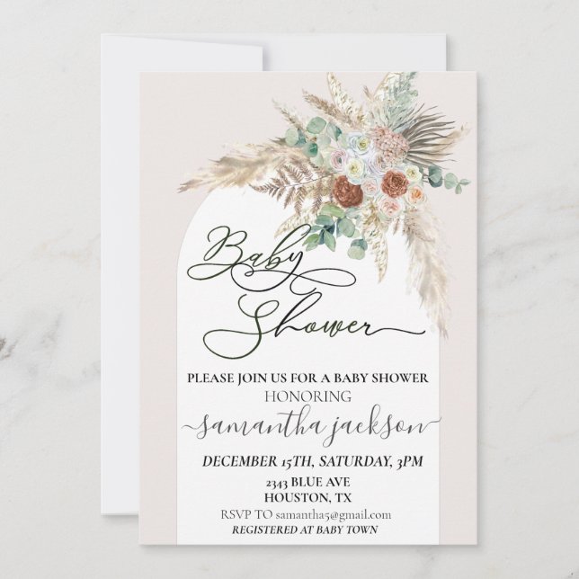 Invitación Baby Shower Pampas Grass Boho Arch Moderno (Anverso)