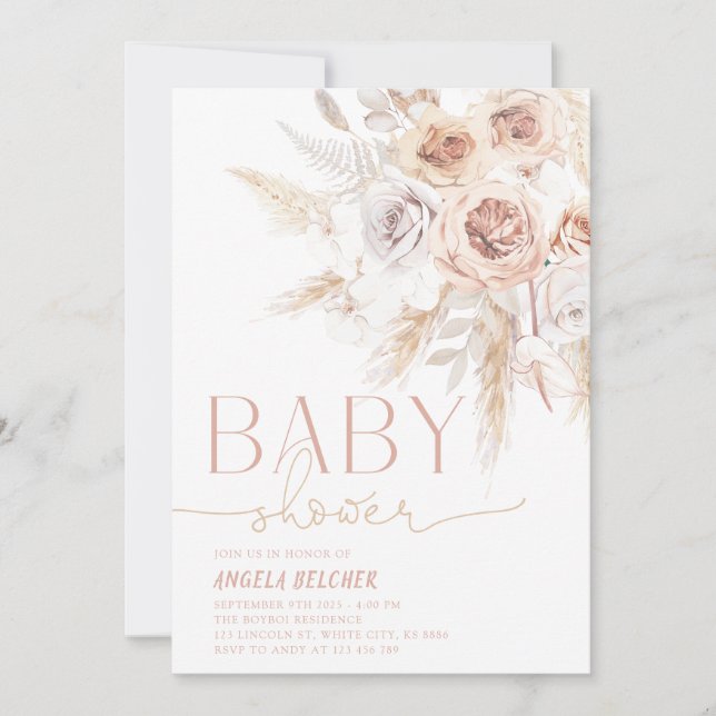 Invitación Baby Shower Pampas Pink Grass Boho (Anverso)