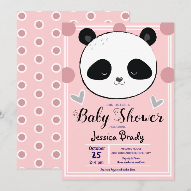 Invitación Baby Shower Panda Face y puntos rosados de polka (Anverso / Reverso)