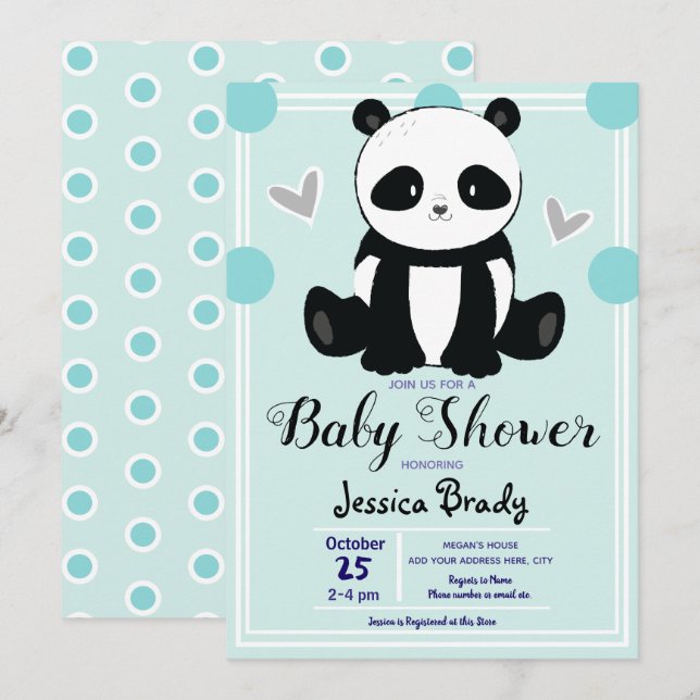 Invitación Baby Shower Panda Sitting and Blue Polka Dots (Anverso / Reverso)