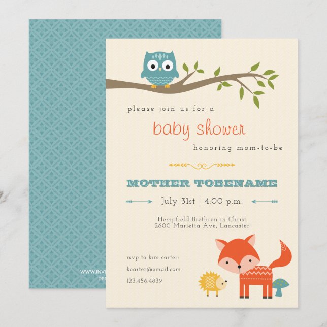 Invitación Baby Shower para animales de Woodland - (Anverso / Reverso)