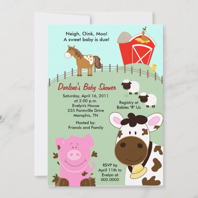 Invitación Baby Shower para bebés de granja 5x7 (Anverso)