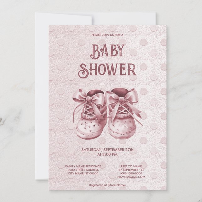 Invitación Baby Shower para bebes rosados zapatill (Anverso)