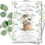 Invitación Baby Shower para bebés y madres adorables<br><div class="desc">Invitación a la ducha de bebé con leche de bebé dulce con mamá sentada en un trozo de árbol y enmarcada con hojas de color verde natural sobre un fondo blanco. Haga girar nuestra invitación para ver una hoja verde a juego para un toque especial.</div>