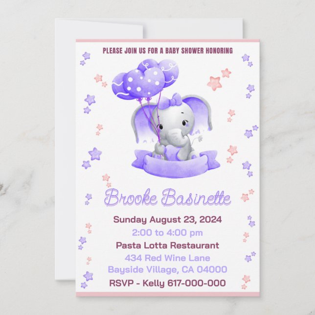 Invitación Baby Shower para Chica Elefante Bebé Rosa y Púrpur (Anverso)