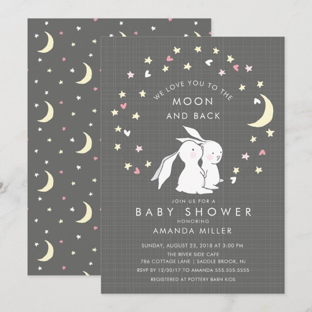 Invitación Baby Shower para conejitos de luna y es (Anverso / Reverso)