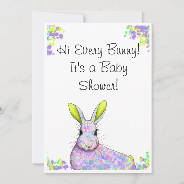 Invitación Baby Shower para conejitos morados y am (Anverso)
