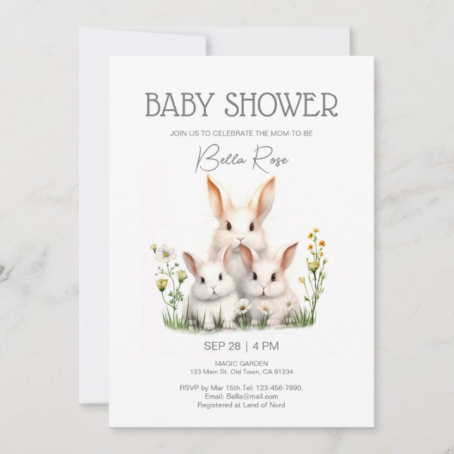 Invitación Baby Shower para conejitos neutros de g (Anverso)