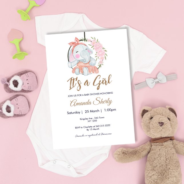 Invitación Baby Shower para elefante Chica rosa du (Sweet Pink Girl Elephant Baby Shower Invite)