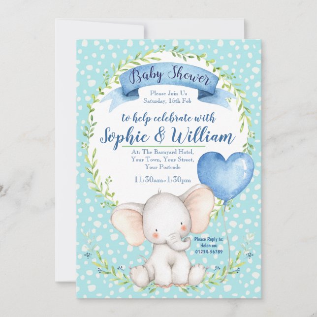 Invitación Baby Shower para elefante color agua (Anverso)