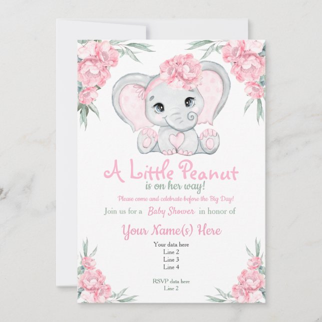 Invitación Baby Shower para Elefante Rosa Girly Fl (Anverso)