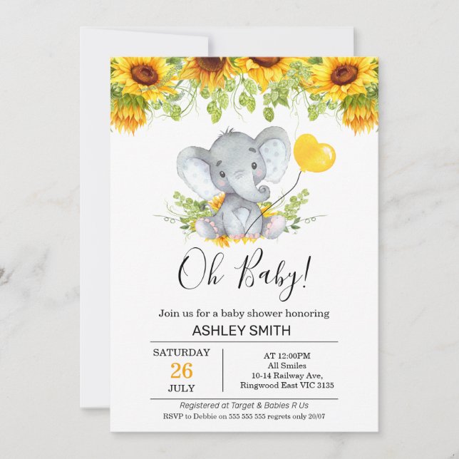 Invitación Baby Shower para elefantes amarillos (Anverso)