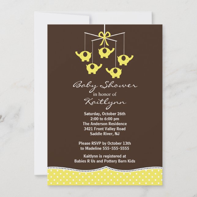 Invitación Baby Shower para elefantes amarillos (Anverso)