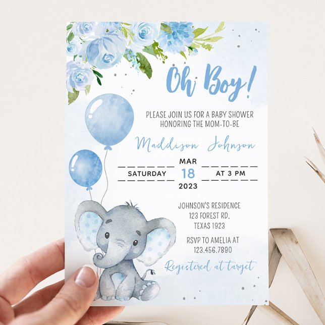 Invitación Baby Shower para elefantes azules (Blue Floral Elephant Baby Shower Invitation)